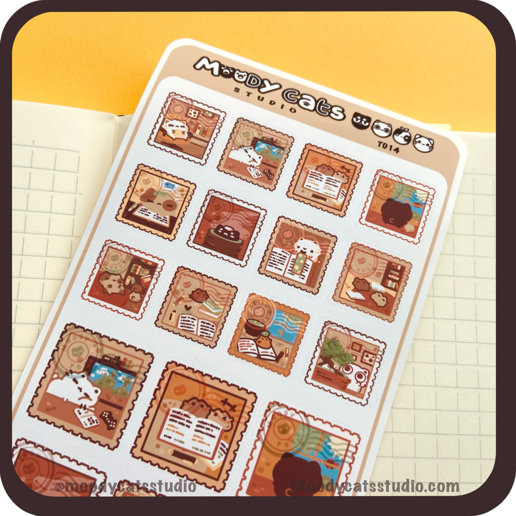 Sticker sheet of stamps of cats in cozy spaces