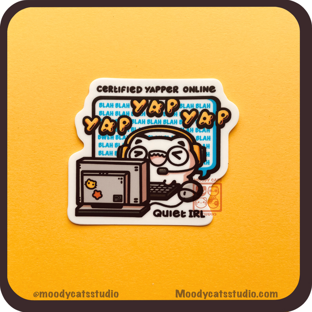 Sticker with cat chatting and yapping online on a computer