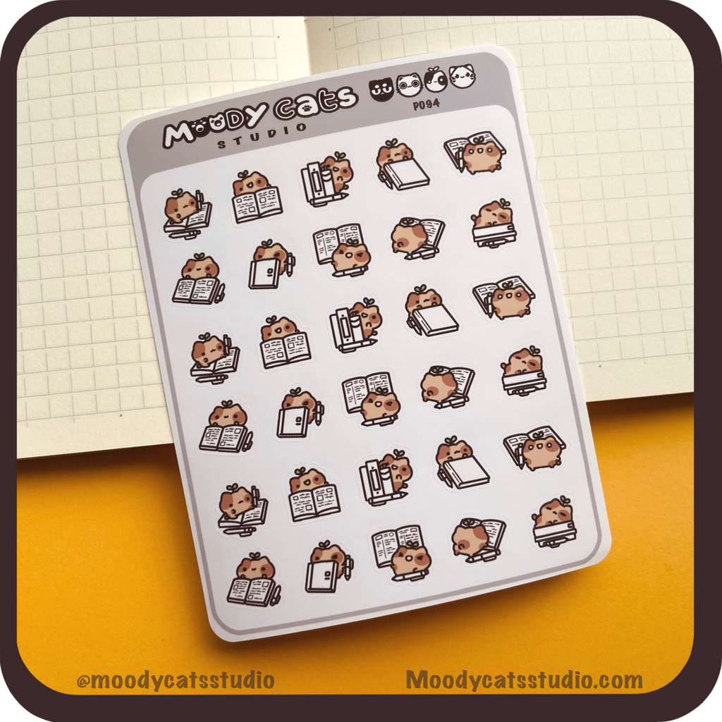Sticker Sheet of a sprout cat with journals