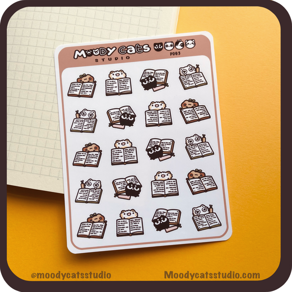 Sticker sheet of cats and books