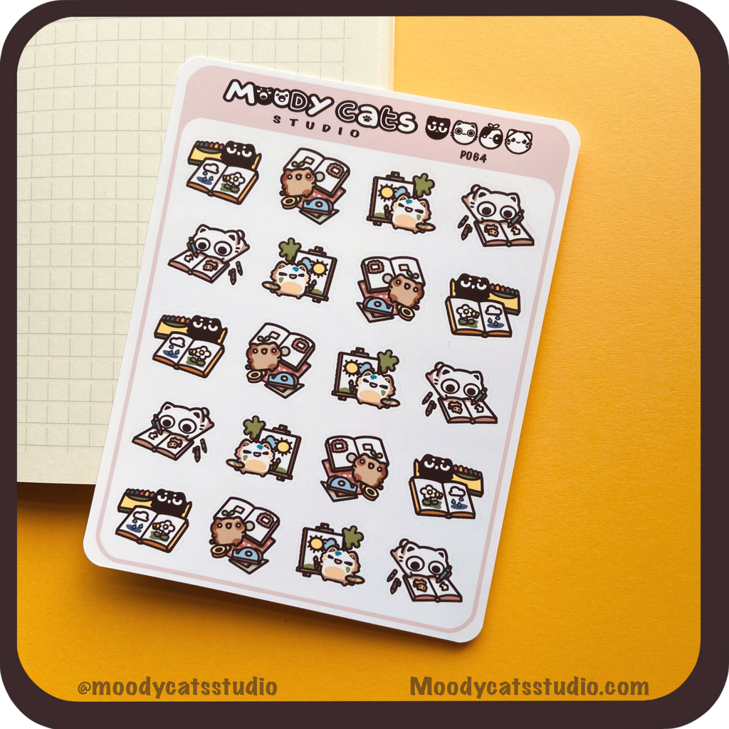 Sticker sheet of cats doing various creative hobbies