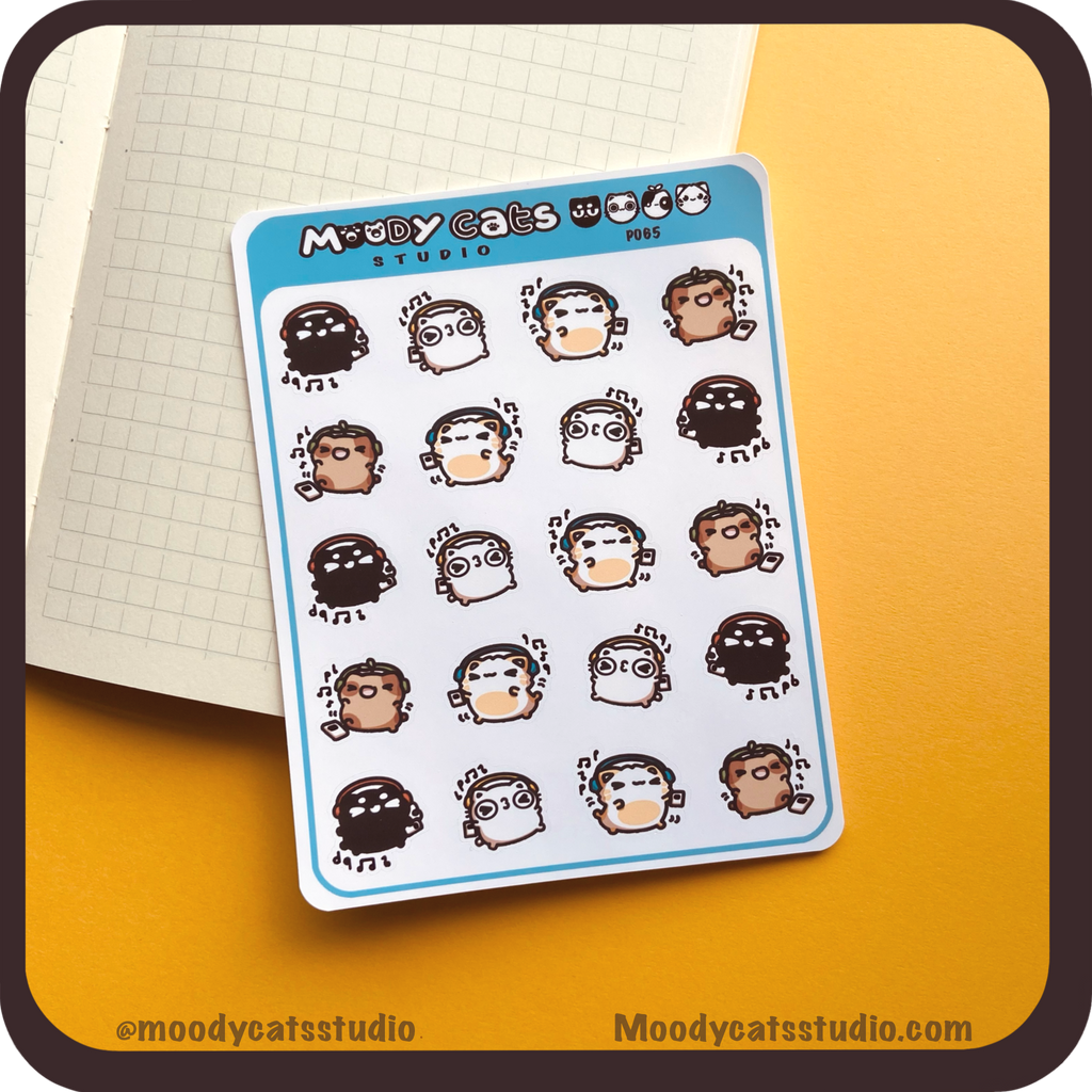 Sticker sheet of cats jamming out to music