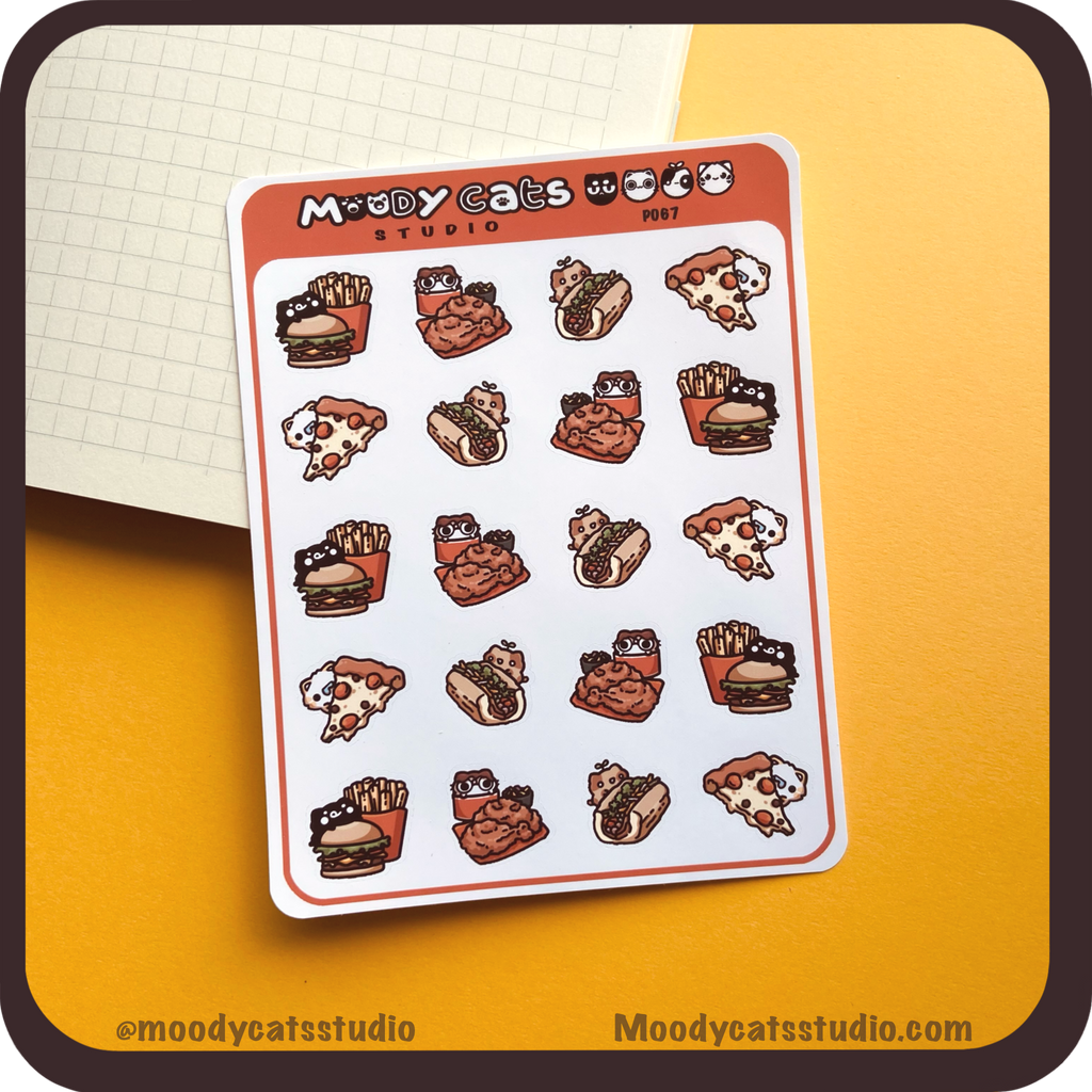 Sticker sheet of the cats with various fast foods