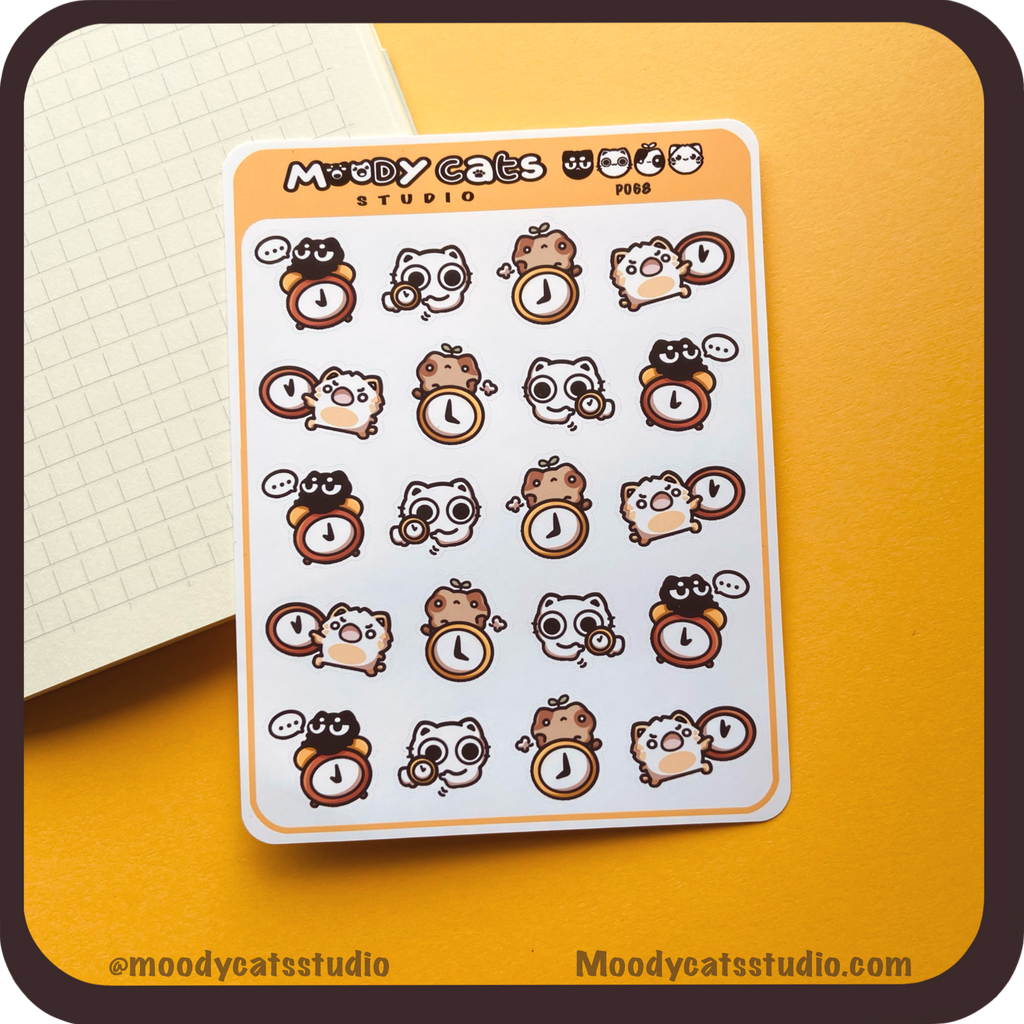 Sticker sheet of cats and clocks
