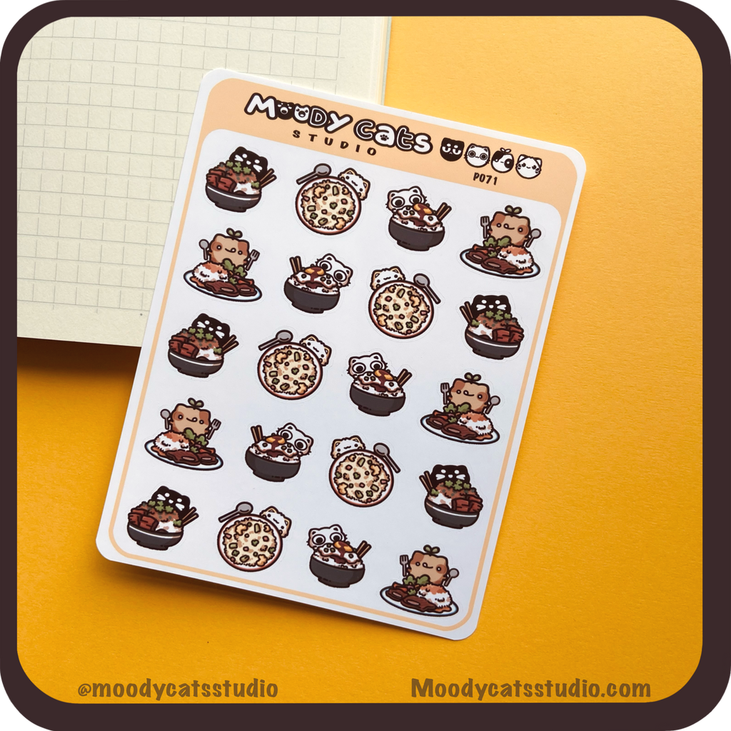 Sticker sheet of cats with various rice dishes
