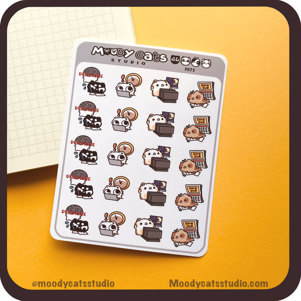 Sticker sheet of cats struggling with deadlines