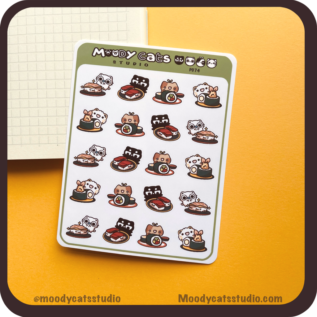 Sticker sheet of cats and sushi