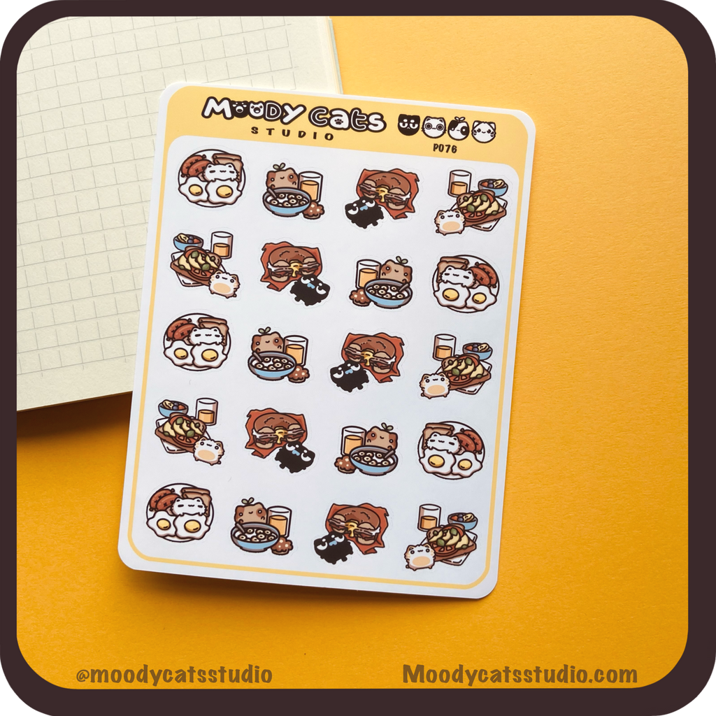 Sticker sheet of cats with various breakfast dishes