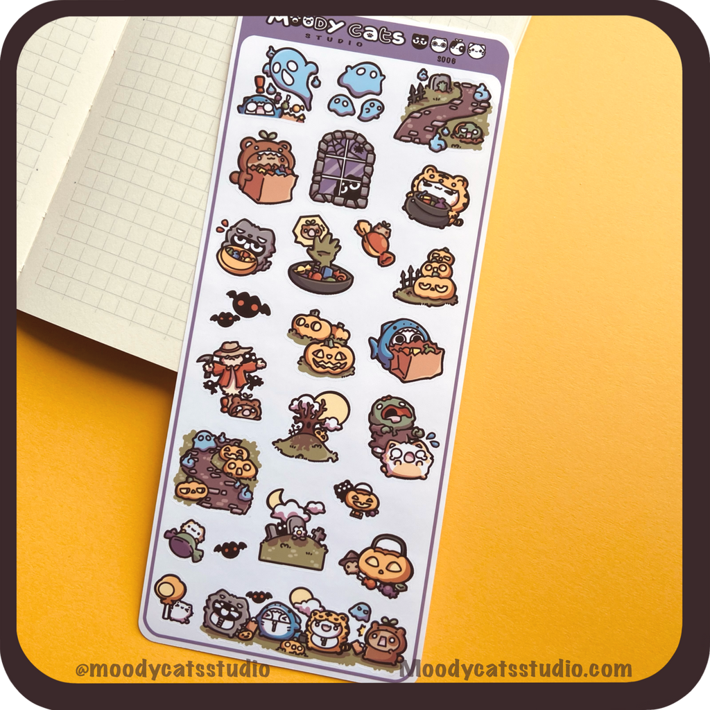 Sticker sheet of cats trick or treating