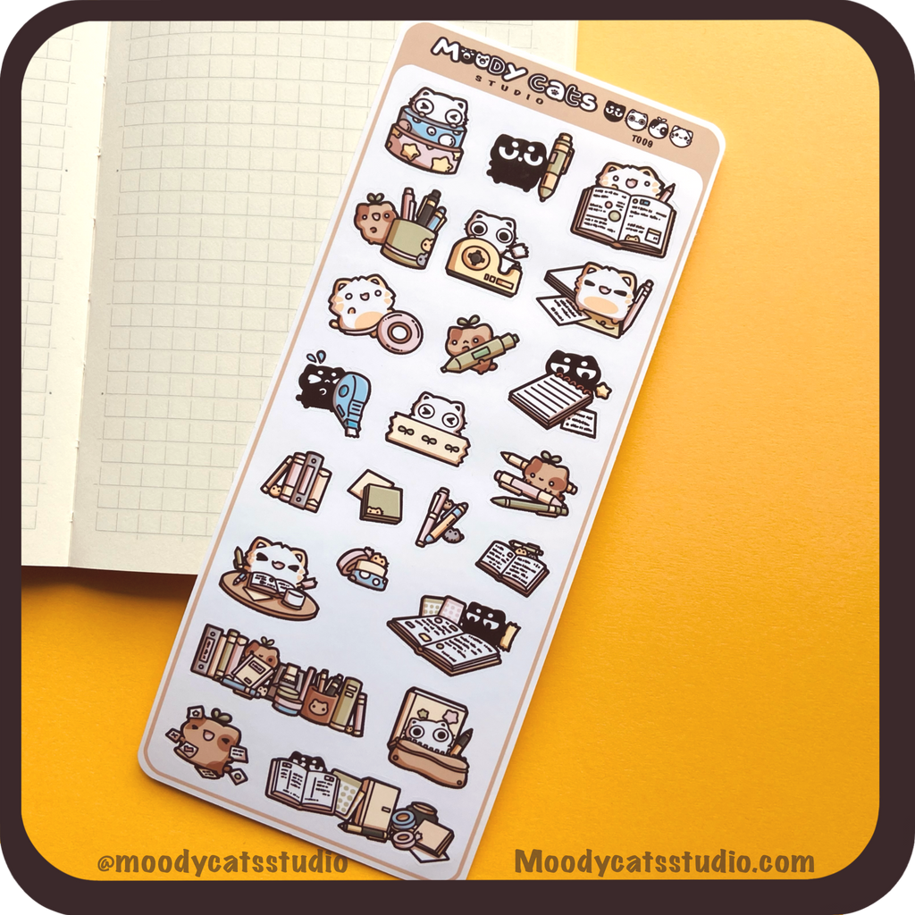 Sticker sheet of cats with various stationery