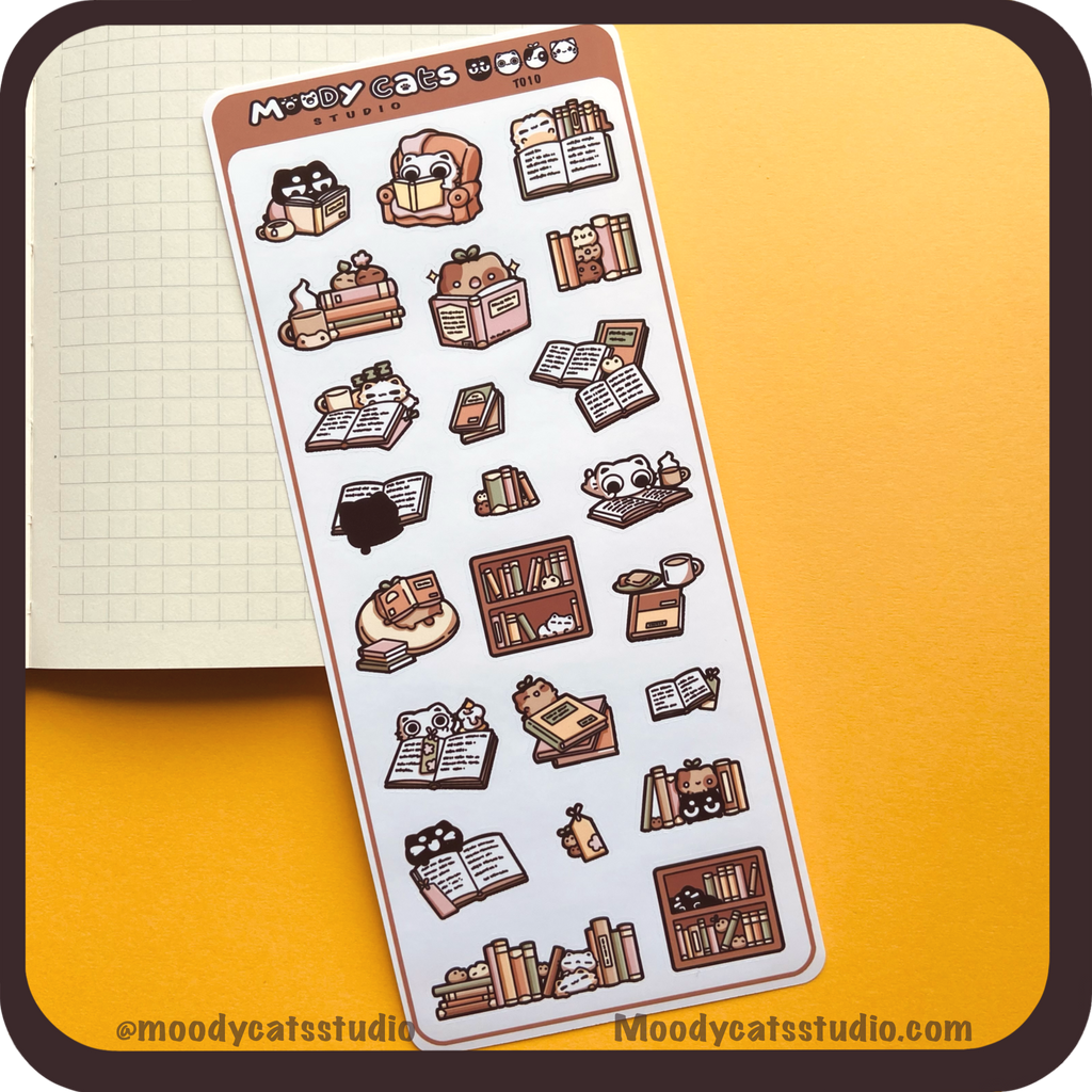 Sticker sheet of cats and books