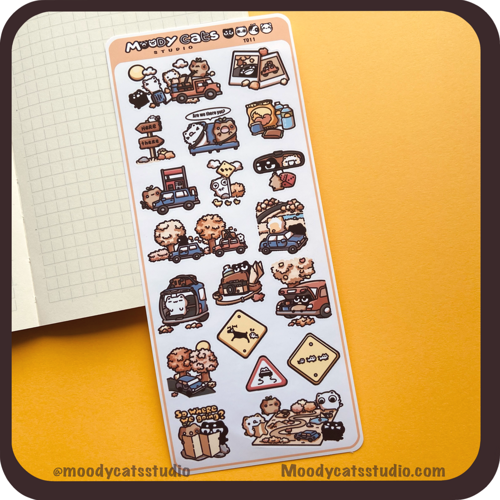 Sticker sheet of cats on a roadtrip