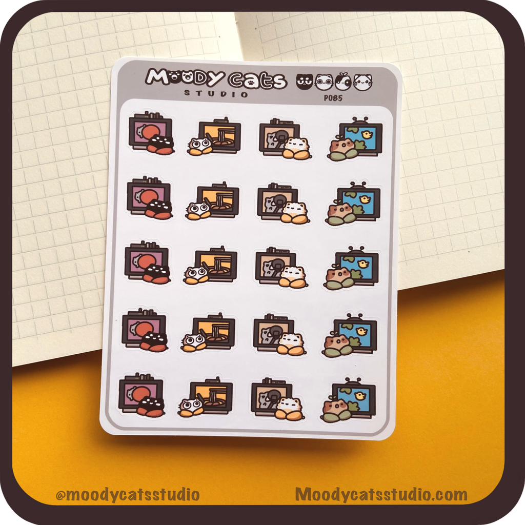Sticker Sheet of cats watching TV